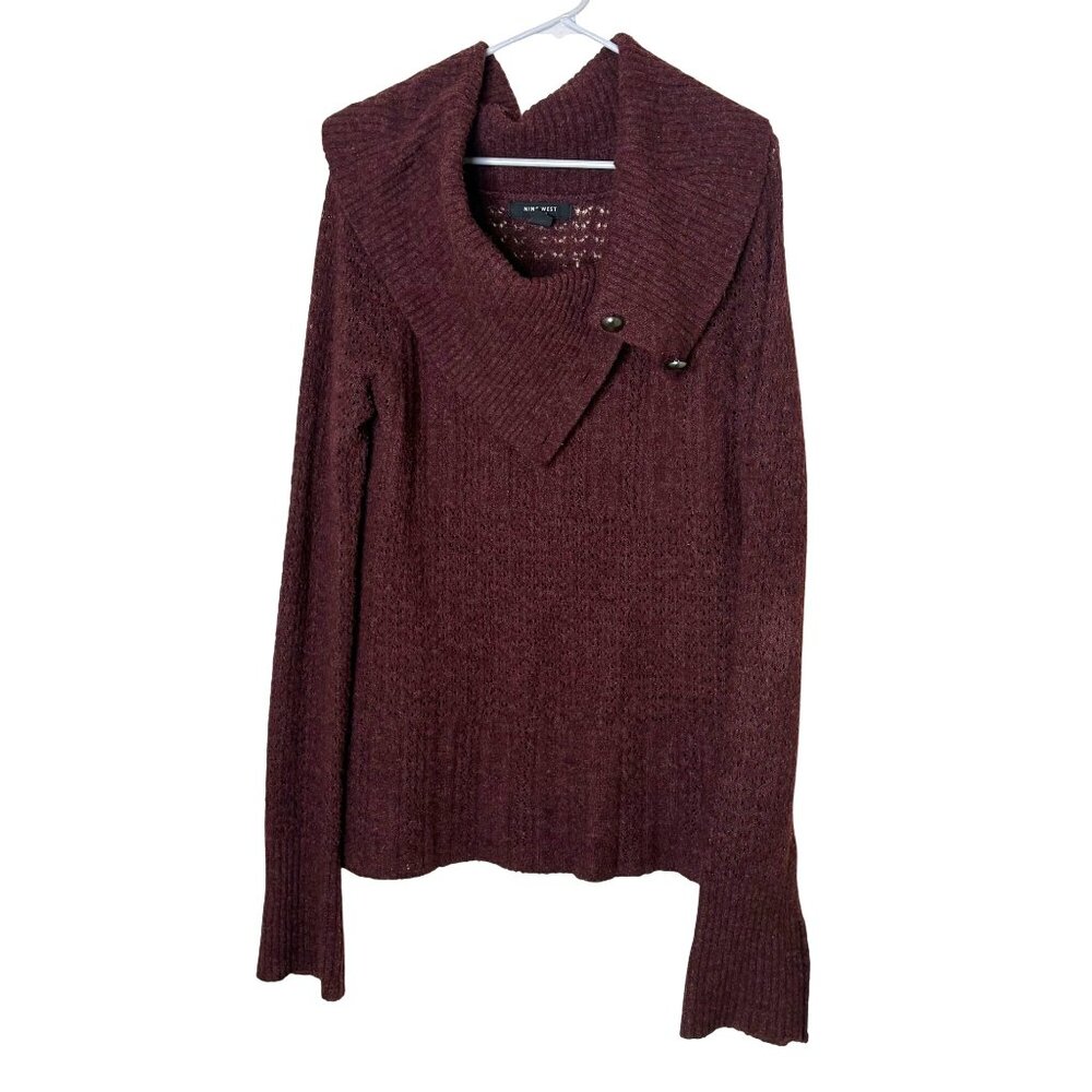 Nine West Burgundy Cowl Neck Or Off Shoulder Sweater Button Chunky Knit XL